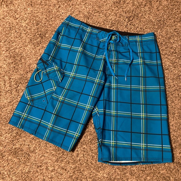 Quicksilver Blue Yellow Plaid Board Shorts Men's 32" Surf Swim - Picture 1 of 5